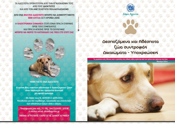 Ενημερωτικό φυλλάδιο του Δήμου Αγρινίου για τα δεσποζόμενα και αδέσποτα ζώα συντροφιάς