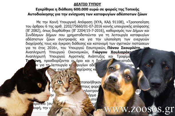 600.000 € από το Υπουργείο Εσωτερικών στους Δήμους για στειρώσεις, εμβολιασμούς και ορθή διαχείριση των αδέσποτων ζώων