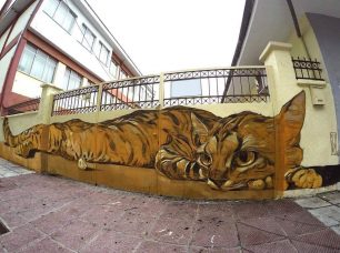 Γκράφιτι - στολίδι με μια γάτα σε Γυμνάσιο στη Νάουσα Ημαθίας